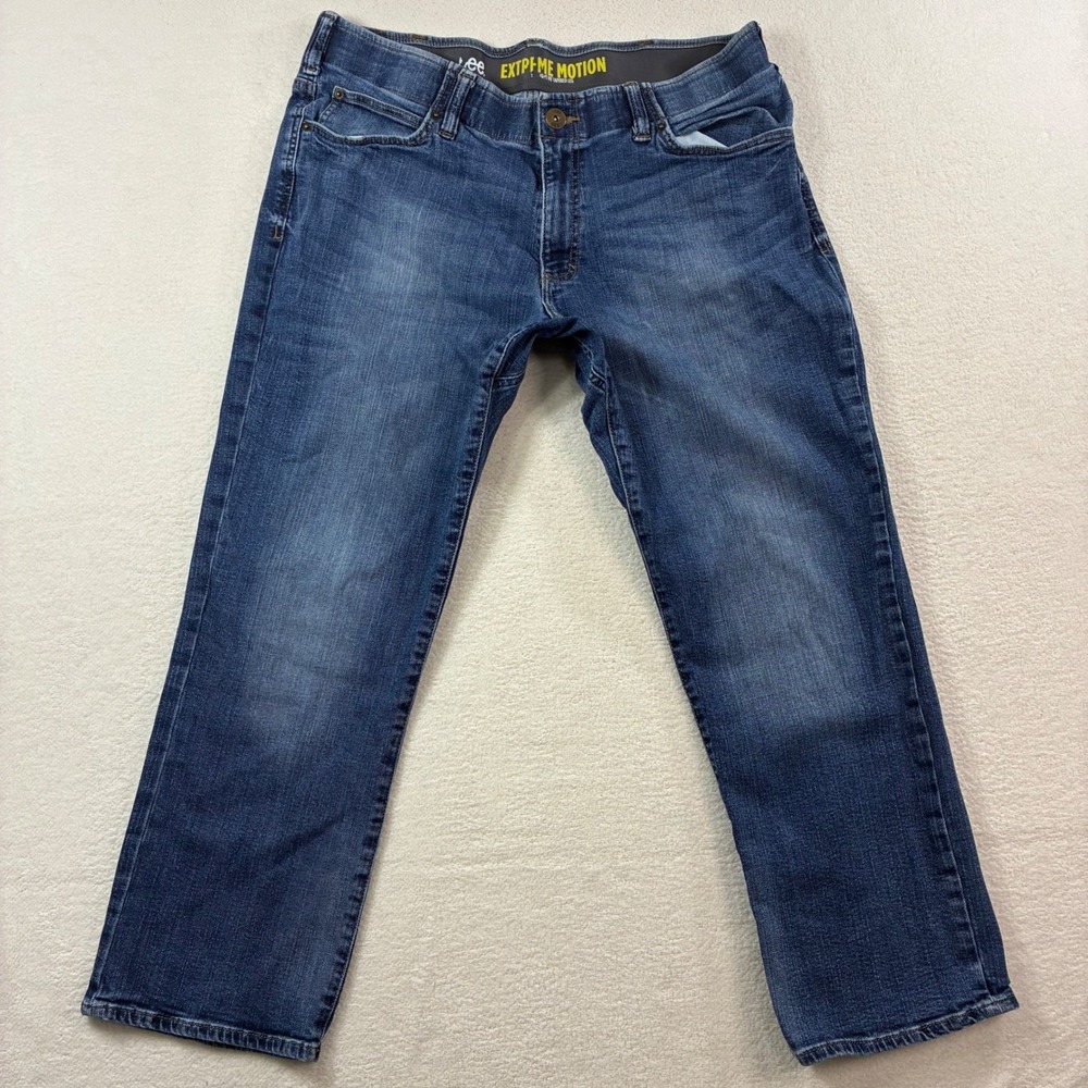 Lee Extreme Motion MVP Jeans Mens 38x28 Blue Dark Wash Stretch Straight Denim